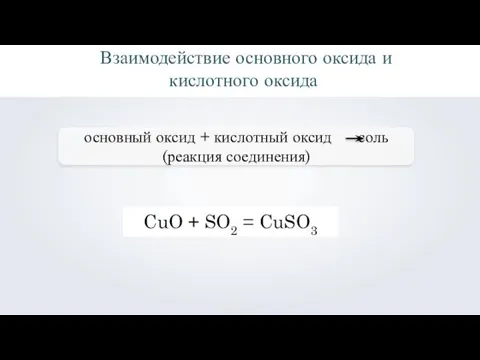 Взаимодействие основного оксида и кислотного оксида CuO + SO2 = CuSO3