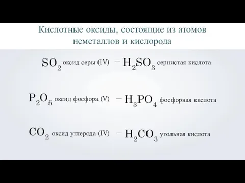 Кислотные оксиды, состоящие из атомов неметаллов и кислорода SO2 оксид серы (IV)