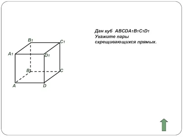 А B А1 C D D1 B1 C1 Дан куб ABCDA1B1C1D1 Укажите пары скрещивающихся прямых.