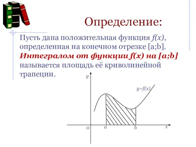 Определение: Пусть дана положительная функция f(x), определенная на конечном отрезке [a;b]. Интегралом