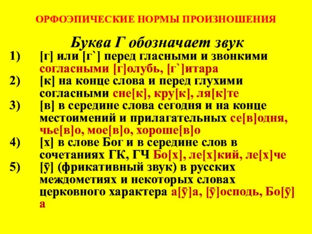 ОРФОЭПИЧЕСКИЕ НОРМЫ ПРОИЗНОШЕНИЯ Буква Г обозначает звук [г] или [г`] перед гласными