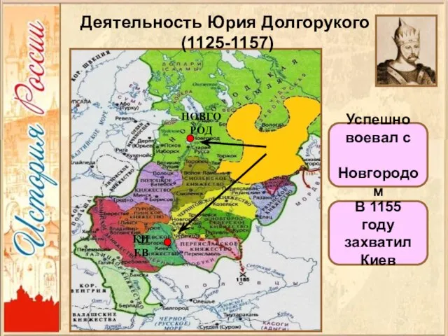 КИЕВ НОВГОРОД Успешно воевал с Новгородом В 1155 году захватил Киев Деятельность Юрия Долгорукого (1125-1157)