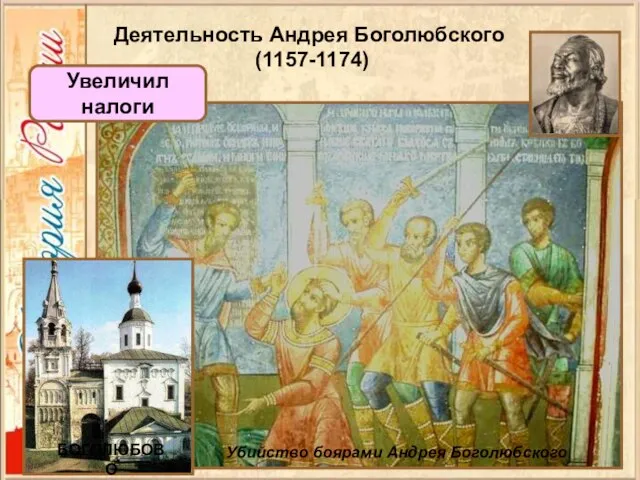Деятельность Андрея Боголюбского (1157-1174) Убийство боярами Андрея Боголюбского Увеличил налоги БОГОЛЮБОВО