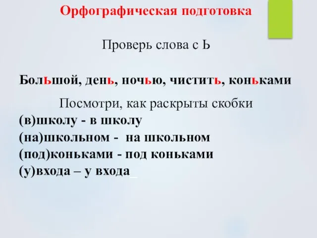 Орфографическая подготовка Проверь слова с Ь Большой, день, ночью, чистить, коньками Посмотри,