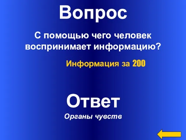 Вопрос С помощью чего человек воспринимает информацию? Ответ Органы чувств Информация за 200