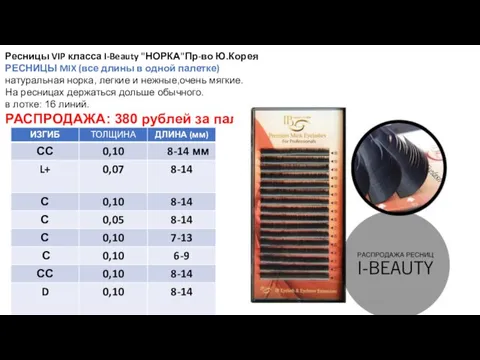 Ресницы VIP класса I-Beauty "НОРКА"Пр-во Ю.Корея РЕСНИЦЫ MIX (все длины в одной