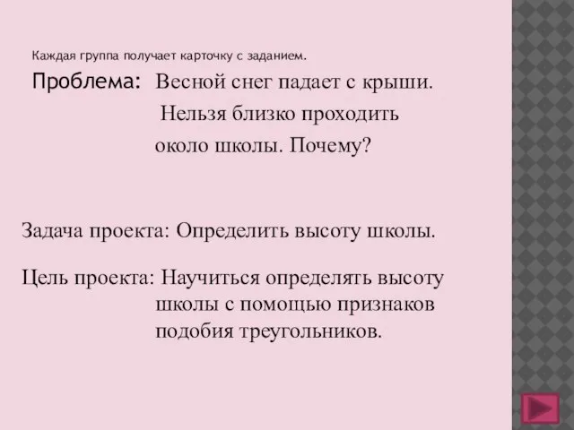 Каждая группа получает карточку с заданием. Проблема: Весной снег падает с крыши.