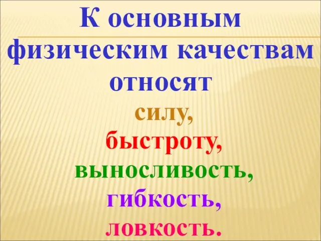 К основным физическим качествам относят силу, быстроту, выносливость, гибкость, ловкость.