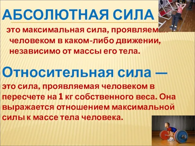 АБСОЛЮТНАЯ СИЛА — это максимальная сила, проявляемая человеком в каком-либо движении, независимо