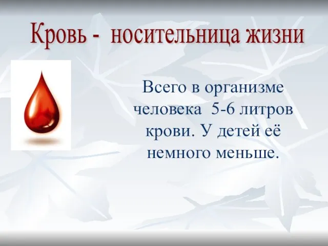 Кровь - носительница жизни Всего в организме человека 5-6 литров крови. У детей её немного меньше.