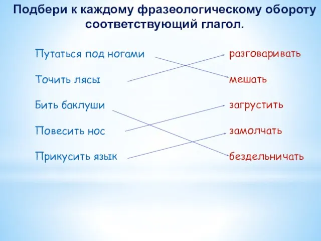 Подбери к каждому фразеологическому обороту соответствующий глагол. Путаться под ногами Точить лясы