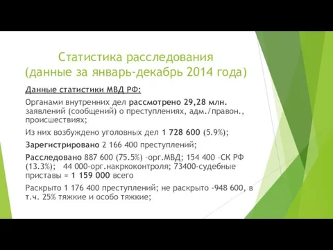 Статистика расследования (данные за январь-декабрь 2014 года) Данные статистики МВД РФ: Органами