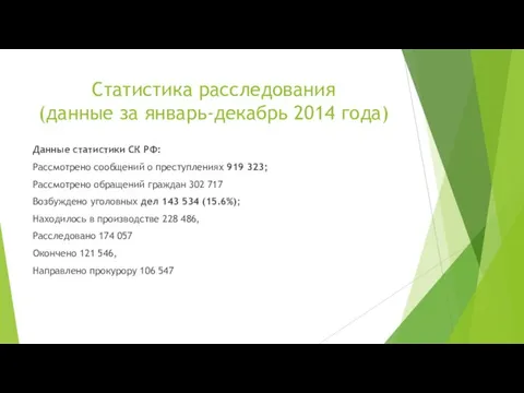 Статистика расследования (данные за январь-декабрь 2014 года) Данные статистики СК РФ: Рассмотрено