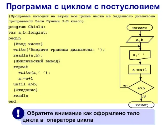 Программа с циклом с постусловием a>b да нет a,’ ’ a:=a+1 конец a,b начало