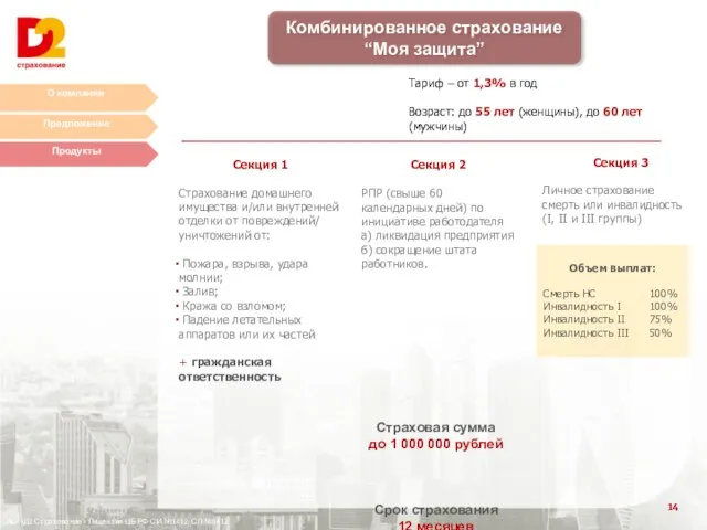 О компании Предложение Продукты АО «Д2 Страхование» Лицензия ЦБ РФ СИ №1412,