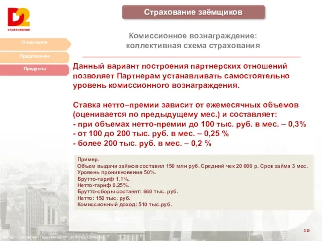 О компании Предложение Продукты АО «Д2 Страхование» Лицензия ЦБ РФ СИ №1412,