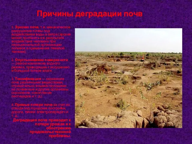 Причины деградации почв 1. Эрозию почв, т.е. механическое разрушение почвы под воздействием
