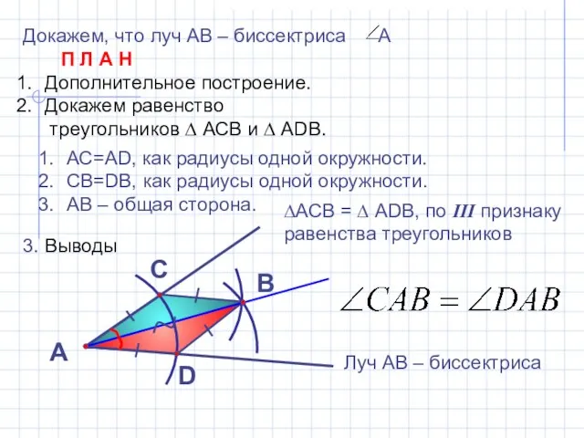 Докажем, что луч АВ – биссектриса А П Л А Н Дополнительное