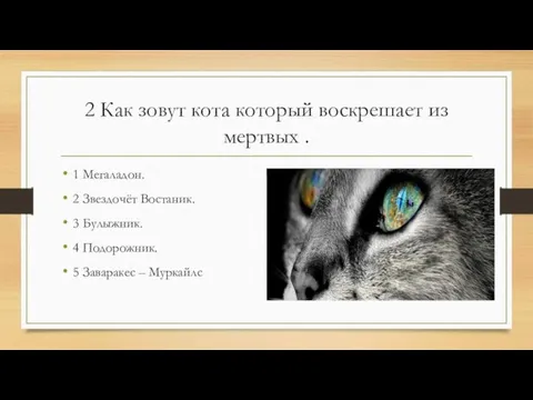 2 Как зовут кота который воскрешает из мертвых . 1 Мегаладон. 2