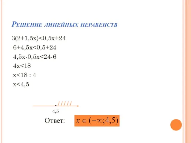 3(2+1,5x) 6+4,5x 4,5x-0,5x 4x x x Решение линейных неравенств Ответ: 4,5