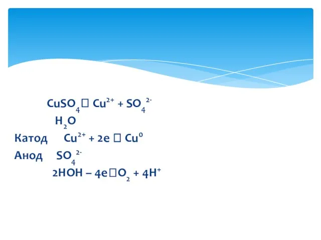 CuSO4? Cu2+ + SO42- H2O Катод Cu2+ + 2e ? Cu0 Анод