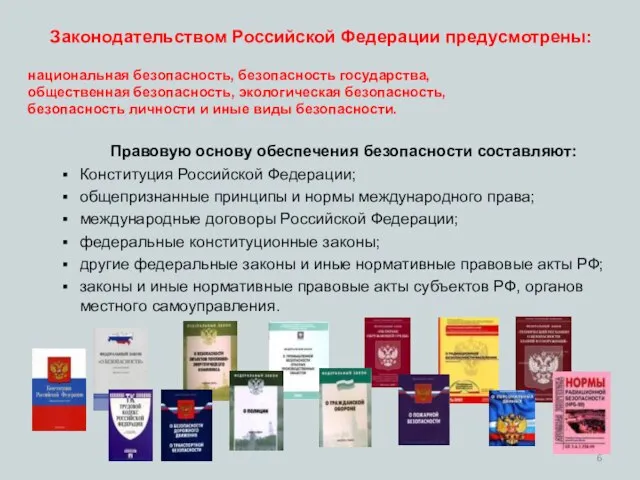 Законодательством Российской Федерации предусмотрены: национальная безопасность, безопасность государства, общественная безопасность, экологическая безопасность,