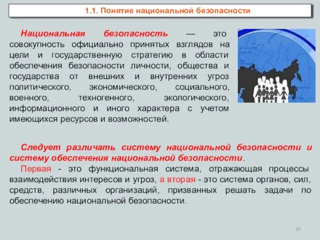 1.1. Понятие национальной безопасности Национальная безопасность — это совокупность официально принятых взглядов