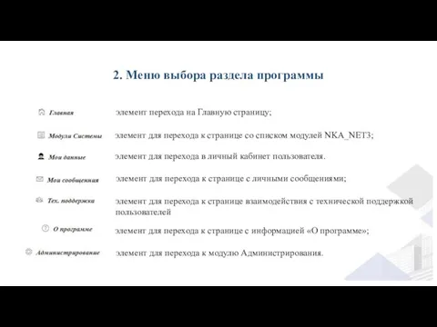 2. Меню выбора раздела программы элемент перехода на Главную страницу; элемент для