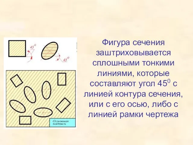 Фигура сечения заштриховывается сплошными тонкими линиями, которые составляют угол 450 с линией