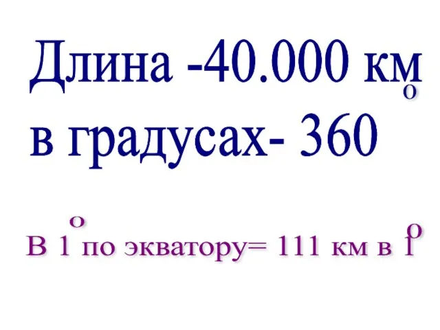 Длина -40.000 км в градусах- 360 0 В 1 по экватору= 111