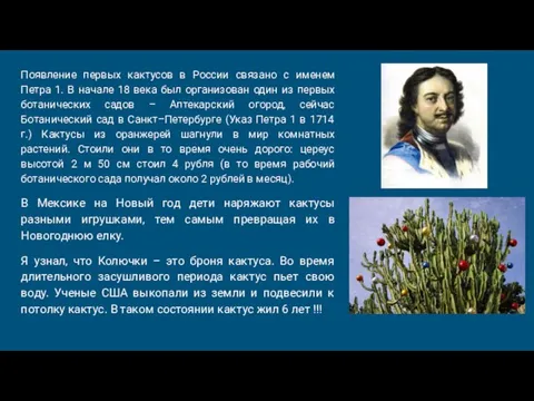 Появление первых кактусов в России связано с именем Петра 1. В начале