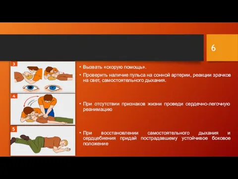 Вызвать «скорую помощь». Проверить наличие пульса на сонной артерии, реакции зрачков на