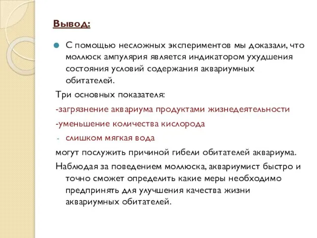 Вывод: С помощью несложных экспериментов мы доказали, что моллюск ампулярия является индикатором