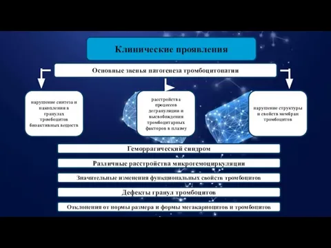 Клинические проявления Основные звенья патогенеза тромбоцитопатии нарушение синтеза и накопления в гранулах