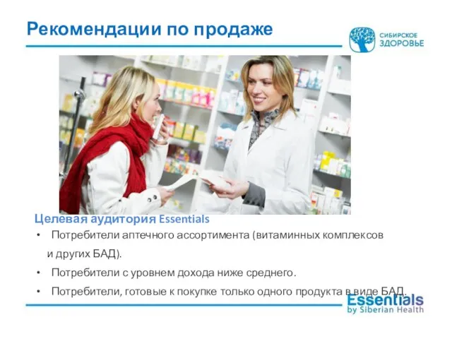 Целевая аудитория Essentials Потребители аптечного ассортимента (витаминных комплексов и других БАД). Потребители