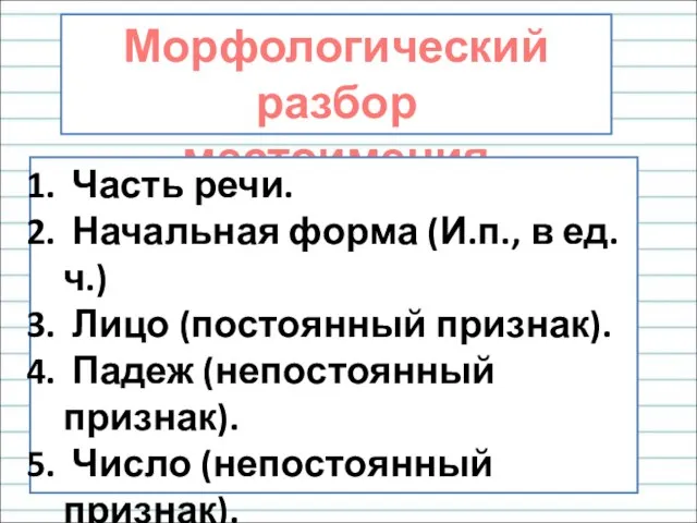 Морфологический разбор местоимения Часть речи. Начальная форма (И.п., в ед. ч.) Лицо