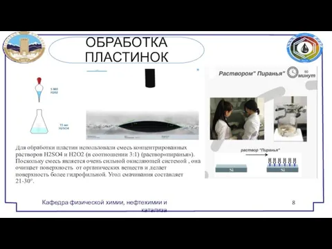 ОБРАБОТКА ПЛАСТИНОК Для обработки пластин использовали смесь концентрированных растворов H2SO4 и H2O2