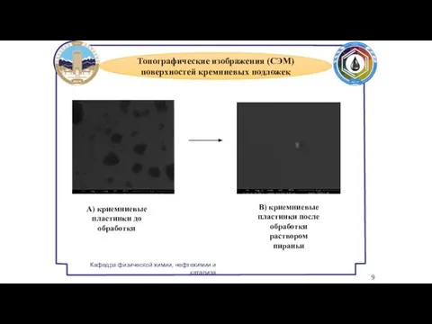 Топографические изображения (СЭМ) поверхностей кремниевых подложек А) криемниевые пластинки до обработки В)