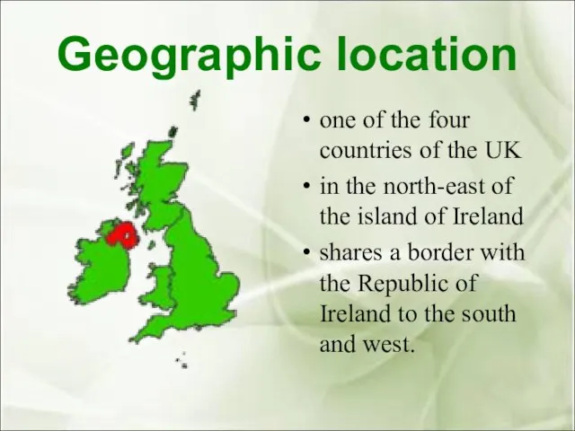 Geographic location one of the four countries of the UK in the
