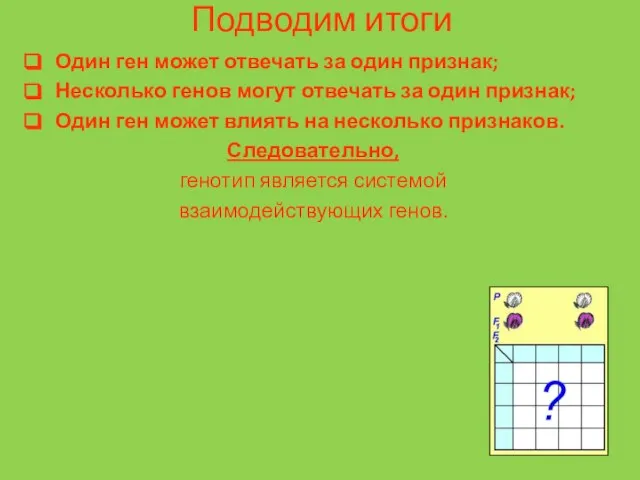 Подводим итоги Один ген может отвечать за один признак; Несколько генов могут