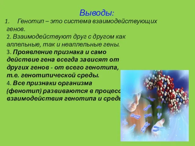 Выводы: Генотип – это система взаимодействующих генов. 3. Проявление признака и само