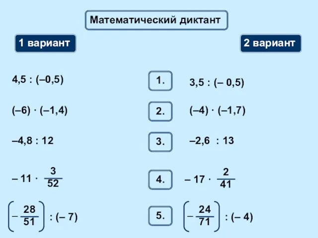 Математический диктант 1 вариант 2 вариант 1. 4,5 : (–0,5) 3,5 :