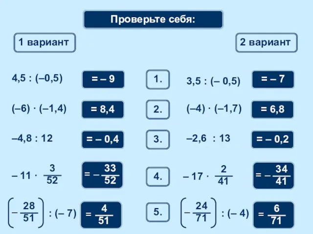 Математический диктант 1 вариант 2 вариант 1. 4,5 : (–0,5) = –