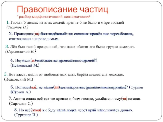 Правописание частиц * разбор: морфологический, синтаксический 1. Гвозди б делать из этих