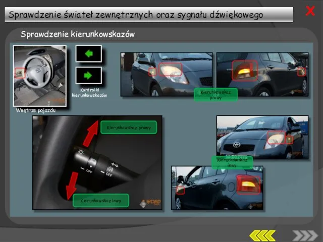 Sprawdzenie świateł zewnętrznych oraz sygnału dźwiękowego Sprawdzenie kierunkowskazów X Wnętrze pojazdu Kierunkowskaz