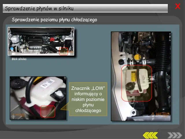 Sprawdzenie płynów w silniku Sprawdzenie poziomu płynu chłodzącego X Znacznik „LOW” informujący