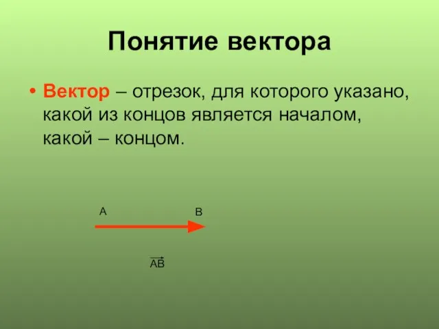 Понятие вектора Вектор – отрезок, для которого указано, какой из концов является