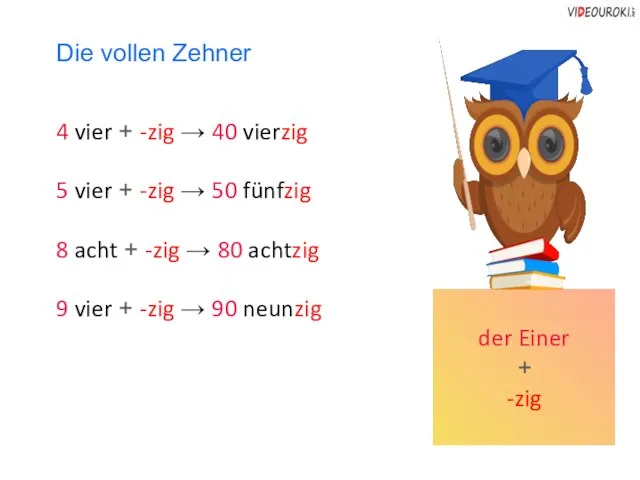 Die vollen Zehner der Einer + -zig 4 vier + -zig →