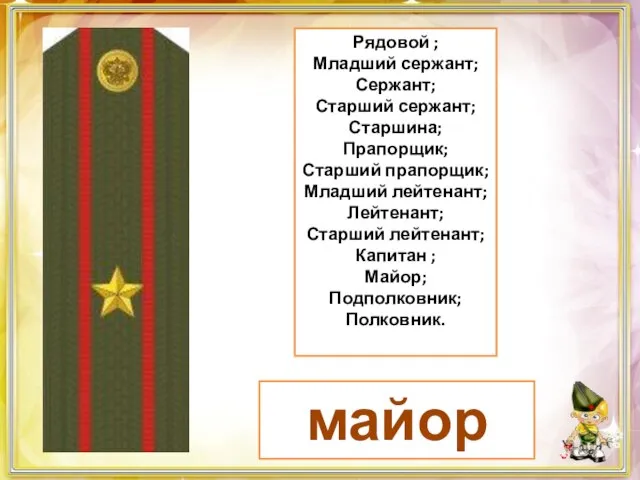 майор Рядовой ; Младший сержант; Сержант; Старший сержант; Старшина; Прапорщик; Старший прапорщик;