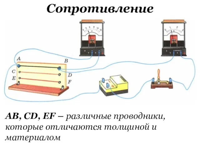 Сопротивление АВ, CD, EF – различные проводники, которые отличаются толщиной и материалом